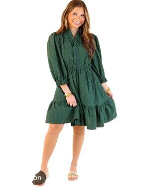 Umgee Green Smocked Waist Mini Dress With Ruffle Trim & Long Sleeves Size L